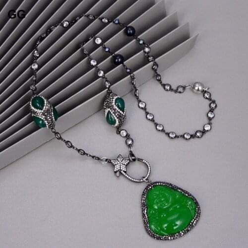 GuaiGuai Jewelry 26'' Green Agate Black Pearl Chain Necklace Green Stone Jade Buddha Pendant