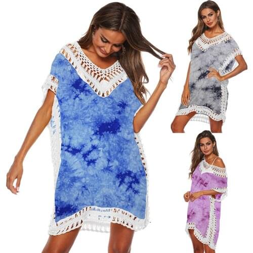 Women Sexy Beach Cover Up New Dyeing Summer Swimsuit Crochet Bikini Cover Up Short Beach Dress Bathing Suit Tunic Swimwear Tops