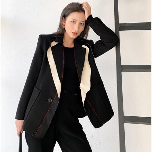 Ladies Office Coat 2021 Spring Women Spliced Hit Color Temperament Blazer New Lapel Long Sleeve Loose Fit Jacket Fashion
