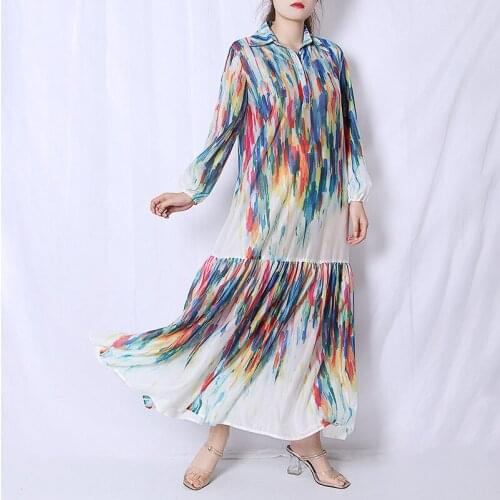 2021Year New Fashion Rainbow Print Women Long Dresses Full Sleeves Loose Casual Lady Beach Holiday Dress for Harajuku Dress