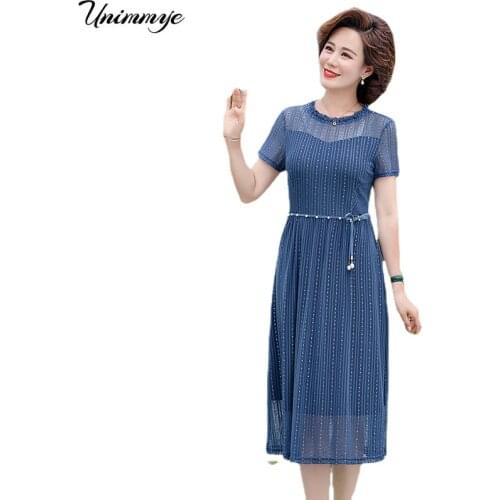 2020 New Summer Middle Aaged Women Elegant Mother Midi Dress Female Short Sleeve Sexy Plus Size 4xl Dresses Vestitos W166