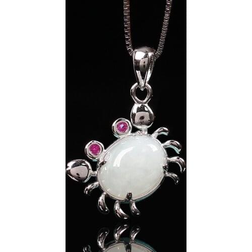 Women S925 Sliver Crab Necklace Pendant White Nephrite Carved Crab Pendant Gift for Female Fine Jewelry Free Chain