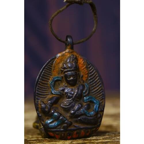 2"Tibet Buddhism Old Bronze Tracing Huang Caishen Buddha statue Pendant amulet Town House Exorcism Ward off evil spirits
