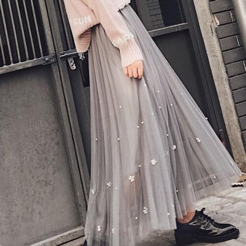 2020 Summer Tulle Skirts Womens Mesh Pleated A-line Female Maxi Long Pleated Bead Skirts Faldas Mujer Moda Plus Size 5XL WF285
