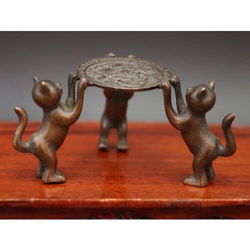 9 CM Chinese red Copper auspicious Animal Three cat Statue Teacup lid platform