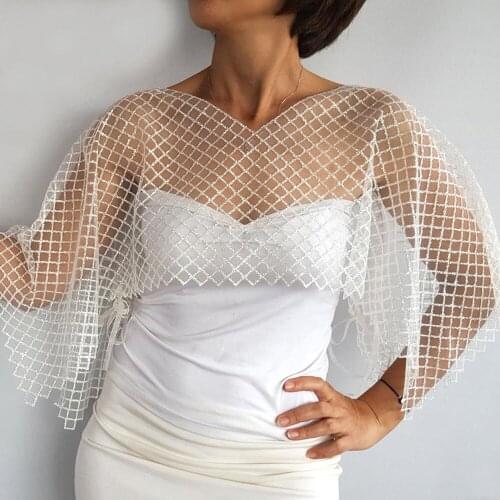 Shiny Sheer White Tulle Bridal Cape Silver Shimmery Wedding Shawl Checkered Shrug Rectangular Bolero with Ribbon for Lady