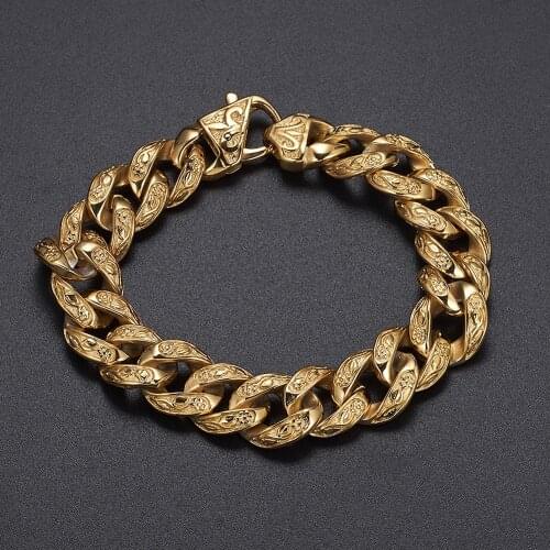 Popular Biker Mens 15mm Wide Gold Stainless Steel Curb Cuban Link Chain Casting Bracelet Jewelry Flower Clasp 9"