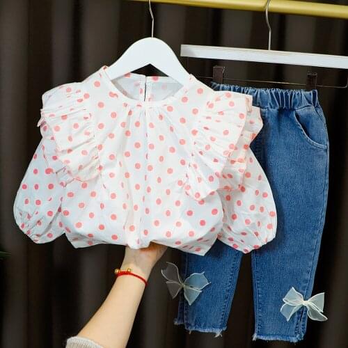 Kid Clothes Set Infant Baby Girl Dot Pleated Lace Collar + Long Denim Bows Trousers 2pcs Jeans Children Outfit for 1 2 3 4 Years