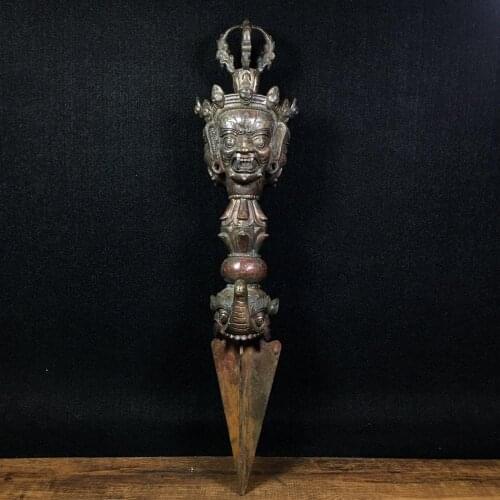 Home Decor 13" Tibet Buddhism Temple Old Bronze Cinnabars Horse Head King Three sides Buddha Vajra Drop the magic pestle