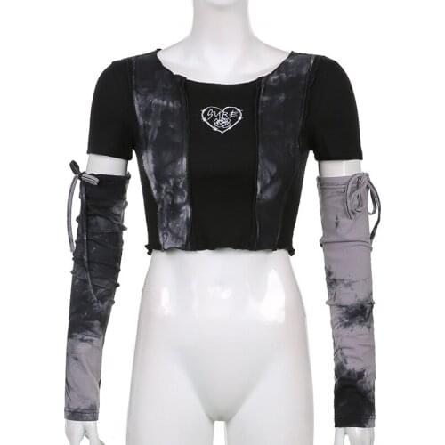 Personalized printing love heart tie-dye stitching sleeve detachable navel sexy short T-shirt