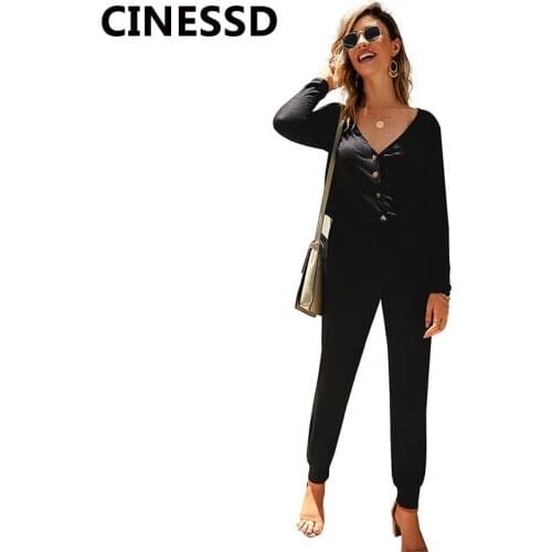 CINESSD Women Casual Jumpsuit V Neck Long Sleeve Button Lace Up Black Skinny Rompers Bodysuit Playsuit Long Jumpsuit with Pocket