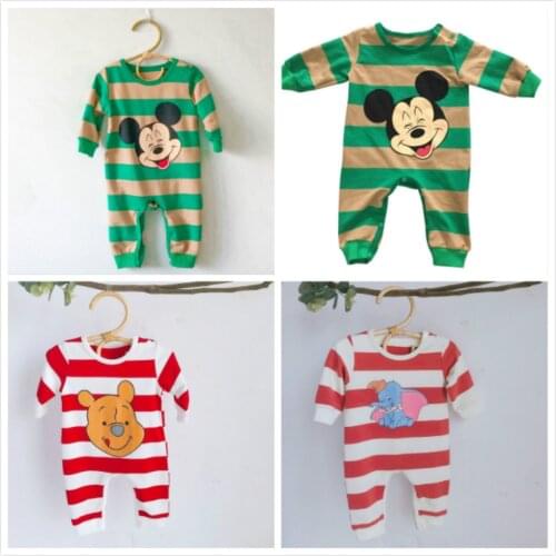 Newborn Baby Long Sleeve Rompers Cartoon Stripe Mickey Pooh Elephant Boy Clothes Autumn Cotton Girl One Pieces Toddler Outfits