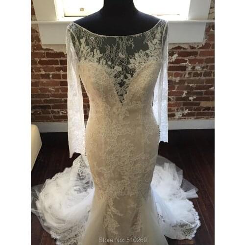 Trumpet Wedding Dress Sheer Neckline Long Sleeves V Back Lace Appliques Bridal Gown Custom-made Gorgeous Wedding Gowns