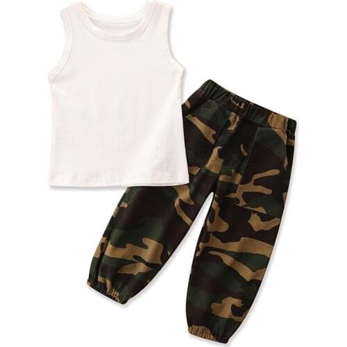 New 2Pcs Toddler Girls Summer Outfits, Solid Color Sleeveless Tank Tops + Camouflage Shorts Set