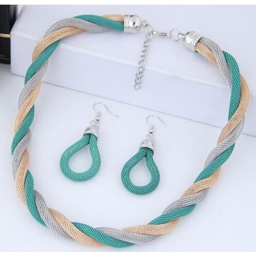 Metal Concise Tri-colour Woven Chain Temperament Necklace Earrings Suit