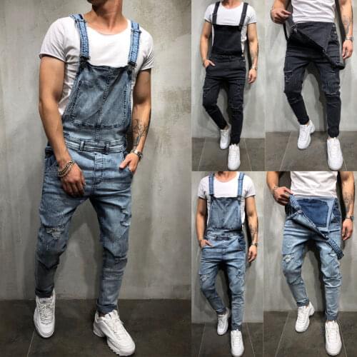 New Hot Mens Distressed Denim Carpenter Overalls Bib Jumpsuits Biker Pants Mens Casual Suspender Bib Trousers Fashion