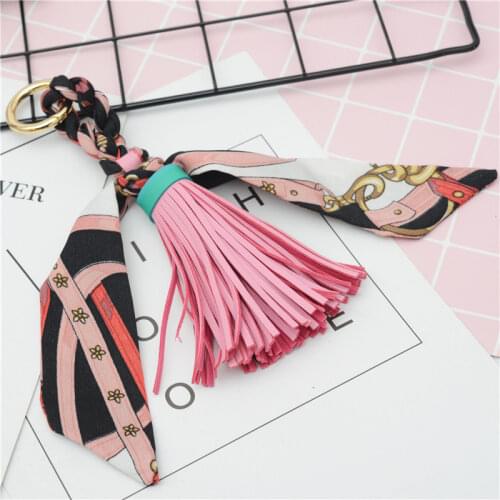 New PU Leather Tassels Silk Scarves Key Chains Keyring for Women Bag Charm Pendant Acessory fow Women