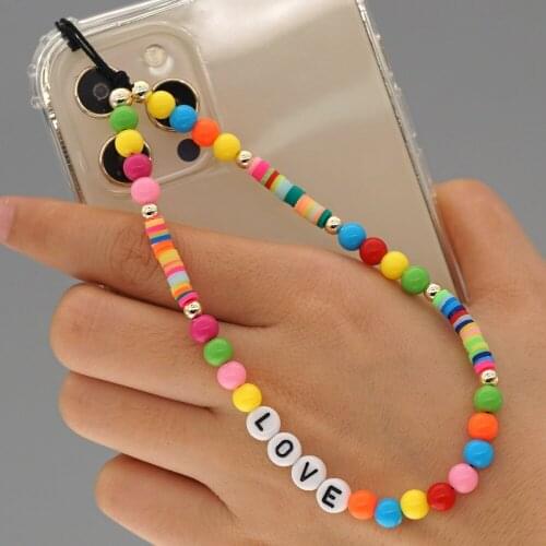 New Colorful Acrylic Bead LOVE Mobile Phone Chain Cellphone Strap Anti-lost Lanyard For Women Summer Jewelry 2021