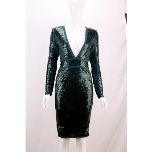 Slim Bodycon Bandage Dress Long Sleeve Knee Length Midi Dresses Sequined Autumn High Quality Women Dresses Bandage Vestidos