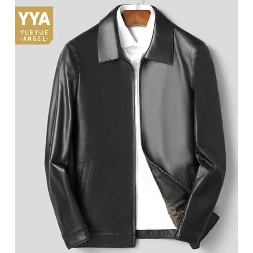 Autumn Vintage Mens Sheepskin Genuine Leather Jacket Zipper Lapel Collar Business Man Slim Fit Coat Moto Biker Leather Jackets