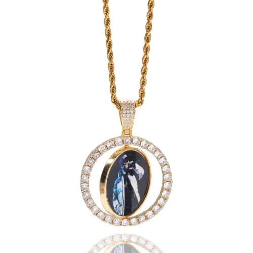 Picture Necklaces Custom Photo Pendant Round Rotatable Necklace Hip Hop Jewelry Personalized Zircon Necklaces Valentine'day gift