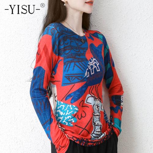 YISU Spring Autumn Pullover Sweater Women Soft Loose Knitted Sweaters Jumpers Female Fashion printing sweater Womens clothing