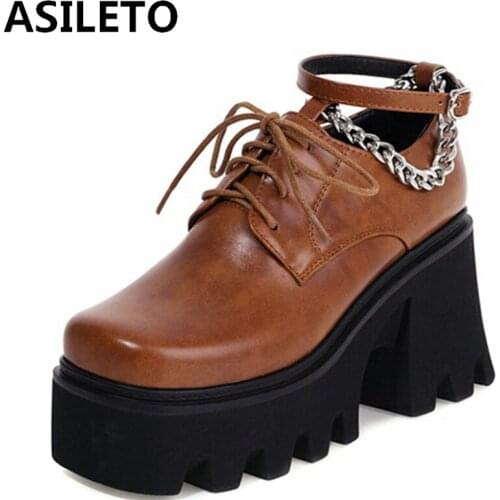 ASILETO 2021 Pumps Chains High Thick Heel Sole Chunky 8cm Platform Ankle Buckle Strap Square Toe Lace Up Punk Size 35-44 A4156