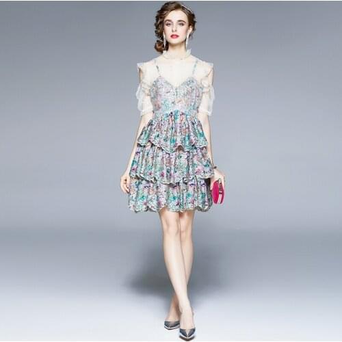 UETEEY 2021 Summer New Fashion Embroidery Dress Screen Stitching Floral Print High Waist Cake Skirt