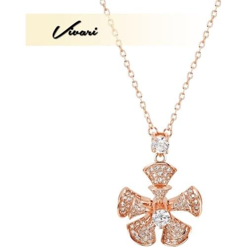 Vivari Crystal Flower Necklace For Women Rose Gold Color Stainless Steel Classic Elegant Pendant Necklaces Gift Fashion Jewelry