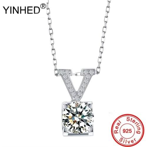 YINHED 2 Carat Cubic Zirconia Diamond Letter V Shape Pendant 100% Real 925 Sterling Silver Fine Jewelry Necklace for Women ZN169