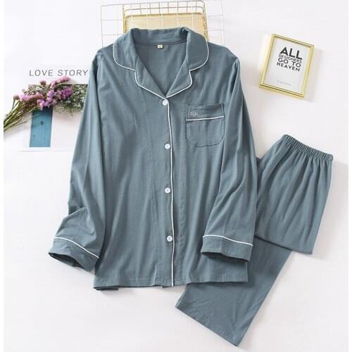 Women Pyjamas 100% Cotton Pajamas Sets Solid Pijama Turn-down Collar Buttons Sleepwear 2020 Autumn Long Sleeve Trousers Homewear