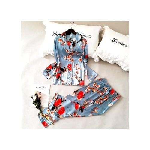 Daeyard Silk Pajamas For Women Floral Print Long Sleeve Shirts And Pants 2Pcs Pajama Sets Girls Casual Home Clothes 2019 Pijama