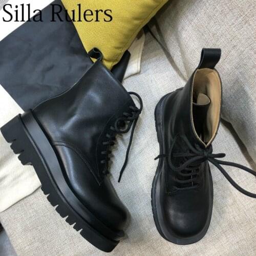 New Genuine Leather Thick Bottom Chelsea Boots Woman Square Toe Lace Up Ankle Boots For Woman Platform Shoes Knight Boots Woman