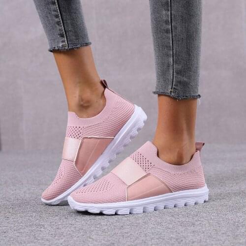 Womens Sneakers Ladies Flat Knitted Shoes Casual Summer Slip On Vulcanized Light Mesh Breathable Female Running Shoes Plus Size