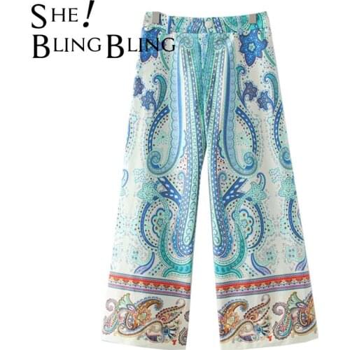 SheBlingBling Za Women Vintage Printed Wide Leg Pant High Waist Trousers Female Button Summer Home Plus Size Casual Loose Pants