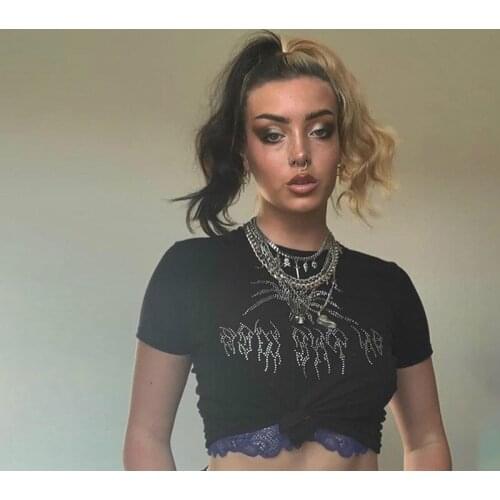 Women Mall Goth O-neck Short Sleeve Crop Tops Y2K Vintage Rhinestone Spider Graphic Black T-shirts E-girl Aesthetics Punk Tees