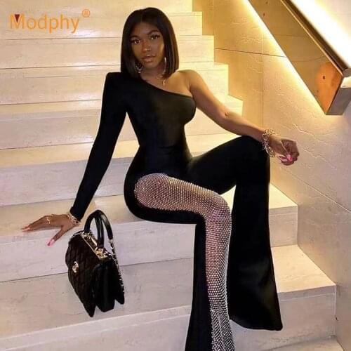 Sexy Black Fishnet Diamond Stitching Jumpsuit Women One-Shoulder Long-Sleeved Bodycon Wide-Leg Jumpsuit Evening Party Jumpsuit