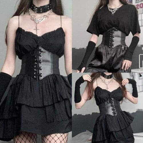 Gothic Dark Lace Up Crop Top Women Corset Belt Slim Cummerbunds PU Leather Top Harness Bustier Tops To Wear Out 2021