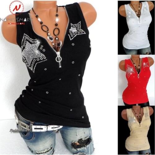 Fashion Women Summer Casual Camis for Streetwear Patchwork Design Zipper Diamond Decor V-Neck Sleeveless Solid Color Thin Top
