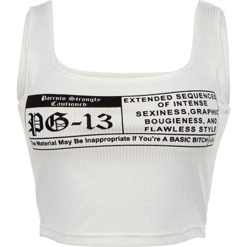 Women Ribbed Knit Sleeveless Crop Top Harajuku Punk Letters Print Club Slim Vest