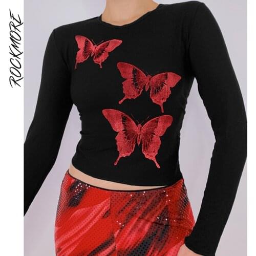 Rockmore Butterfly Print Crop Top Women Y2K Gothic Long Sleeve T-Shirt Harajuku Casual Cotton Baby Tees Shirts Grunge Clothes