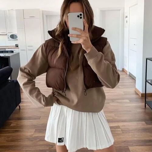 TRAF Za 2021 Brown Vest Top Women Cropped Sleeveless Jacket Woman Black Warm Vest Autumn Winter Zipper Padded Coats Wasitcoat