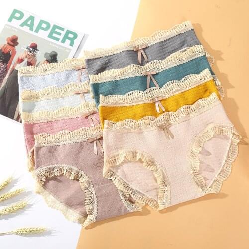 Womens Cotton Underwear Sexy Lace Panties Womens Solid Color Briefs Seamless Panties Mid Waist Bow Underpants Sexy Lingerie