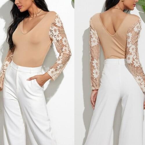 Women Sexy Bodysuit With Lace Sleeves Jumper Mesh Long Sleeve Clubwear Tops Ladies Blouse T Shirt