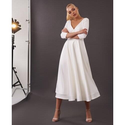 Modest V Neck Tea Length Wedding Dress High Quality Three Quarter Sleeves Bridal Gowns with Zipper Back robe de mariee