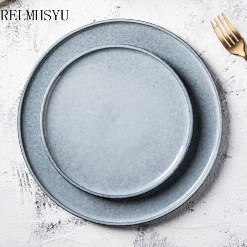 1PC RELMHSYU Nordic Style Ceramic Grey Large Flat Simple Western Dinner Steak Plate Dish Household Tableware Wholesale