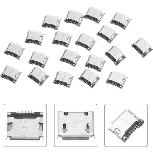 20pcs 5 Pin Micro Socket Connector USB Type B Female SMT Placement SMD DIP Socket Connector Micro Adapter Silver