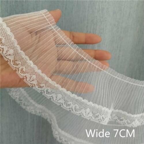 7cm Wide White Elastic Pleated Mesh Embroidery Tulle Lace Dress Collar Applique Sewing Fabric Trim Ribbon Skirt Hem Decoration