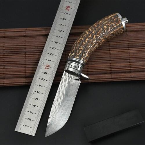 Free shipping sharp Damascus steel straight knife outdoor camping tool with antlers handle Straight knife Outdoor EDC tools