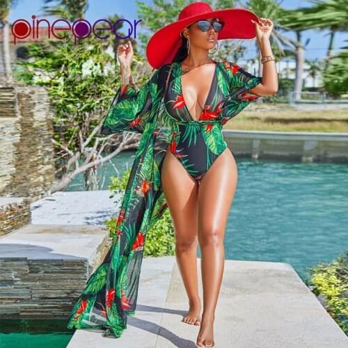 PinePear Leaf Floral Print Criss Cross Bodysuit and Thin Chiffon Cover Up 2 Piece Set Women Swimsuit Beach Wear Dropshipping